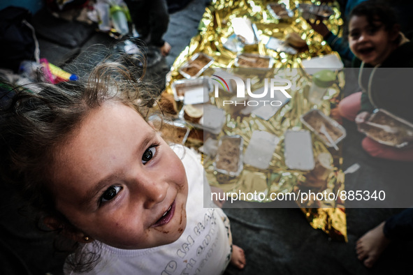 A girl in Leros Refugee Camp, Greece, on October 30, 2015. Refugee camp Leros, located on the Greek Island of Leros is a transit camp for re...