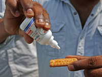 A member of Vishwa Hindu Parishad administers homeopathic medicine to a cow suffering from lumpy skin disease, in Jaipur, Rajasthan, India,...