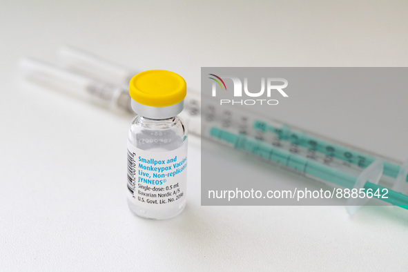 A vial and syringes with the vaccine against smallpox and monkeypox at Checkpoint Bln in Berlin, Germany on September 16, 2022. 