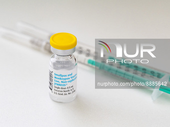 A vial and syringes with the vaccine against smallpox and monkeypox at Checkpoint Bln in Berlin, Germany on September 16, 2022. (