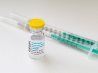 A vial and syringes with the vaccine against smallpox and monkeypox at Checkpoint Bln in Berlin, Germany on September 16, 2022. (