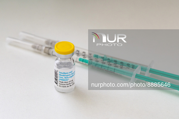 A vial and syringes with the vaccine against smallpox and monkeypox at Checkpoint Bln in Berlin, Germany on September 16, 2022. 