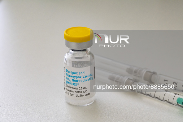 A vial and syringes with the vaccine against smallpox and monkeypox at Checkpoint Bln in Berlin, Germany on September 16, 2022. 