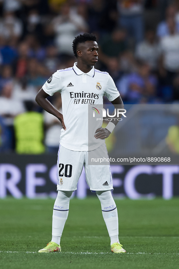 Vinicius Junior left winger of Real Madrid and Brazil during the UEFA Champions League group F match between Real Madrid and RB Leipzig at E...