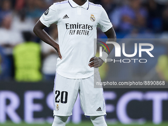 Vinicius Junior left winger of Real Madrid and Brazil during the UEFA Champions League group F match between Real Madrid and RB Leipzig at E...