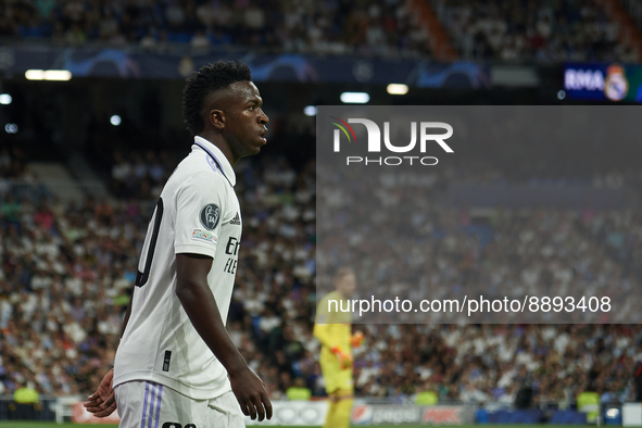 Vinicius Junior left winger of Real Madrid and Brazil during the UEFA Champions League group F match between Real Madrid and RB Leipzig at E...