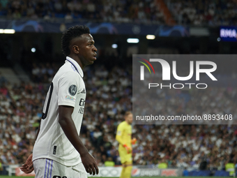 Vinicius Junior left winger of Real Madrid and Brazil during the UEFA Champions League group F match between Real Madrid and RB Leipzig at E...