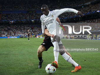 Xaver Schlager central midfield of RB Leipzig and Austria and Ferland Mendy left-back of Real Madrid and France compete for the ball during...