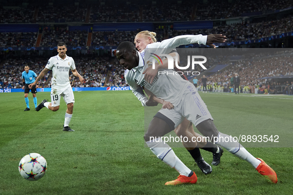 Xaver Schlager central midfield of RB Leipzig and Austria and Ferland Mendy left-back of Real Madrid and France compete for the ball during...