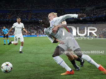 Xaver Schlager central midfield of RB Leipzig and Austria and Ferland Mendy left-back of Real Madrid and France compete for the ball during...