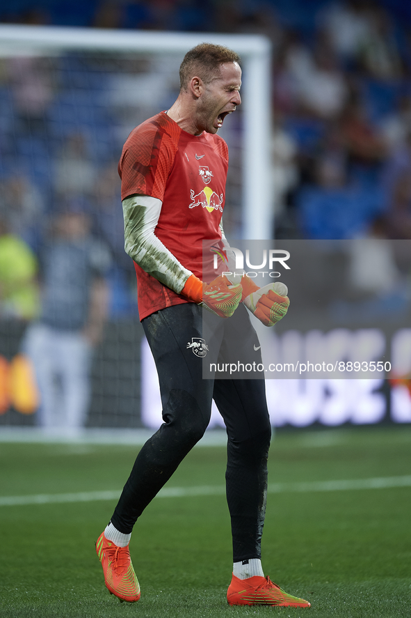 Peter Gulacsi goalkeeper of RB Leipzig and Hungary during the warm-up before the UEFA Champions League group F match between Real Madrid and...