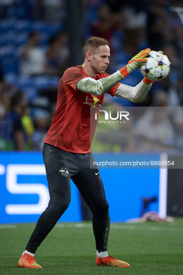 Peter Gulacsi goalkeeper of RB Leipzig and Hungary during the warm-up before the UEFA Champions League group F match between Real Madrid and...