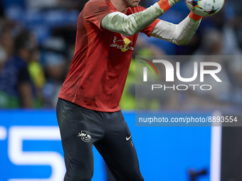 Peter Gulacsi goalkeeper of RB Leipzig and Hungary during the warm-up before the UEFA Champions League group F match between Real Madrid and...