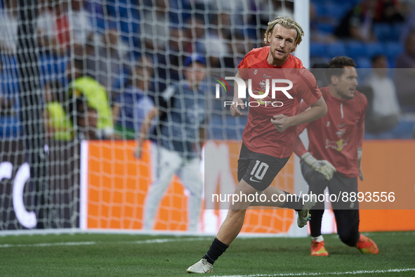 Emil Forsberg left winger of RB Leipzig and Sweden during the warm-up before the UEFA Champions League group F match between Real Madrid and...