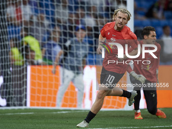 Emil Forsberg left winger of RB Leipzig and Sweden during the warm-up before the UEFA Champions League group F match between Real Madrid and...