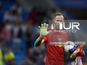 Peter Gulacsi goalkeeper of RB Leipzig and Hungary during the warm-up before the UEFA Champions League group F match between Real Madrid and...