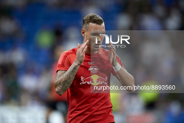 David Raum left-back of RB Leipzig and Germany during the warm-up before the UEFA Champions League group F match between Real Madrid and RB...