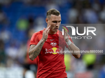 David Raum left-back of RB Leipzig and Germany during the warm-up before the UEFA Champions League group F match between Real Madrid and RB...