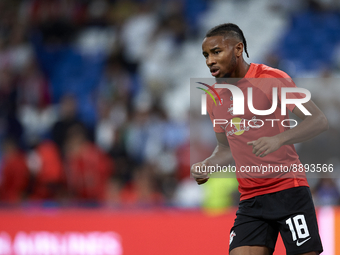 Christopher Nkunku second striker of RB Leipzig and France during the warm-up before the UEFA Champions League group F match between Real Ma...