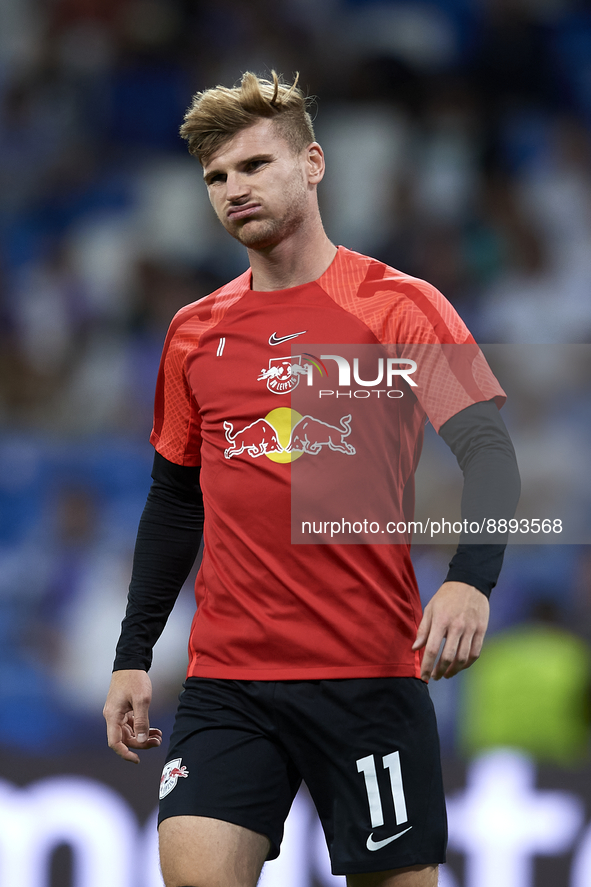 Timo Werner centre-forward Germany during the warm-up before the UEFA Champions League group F match between Real Madrid and RB Leipzig at E...