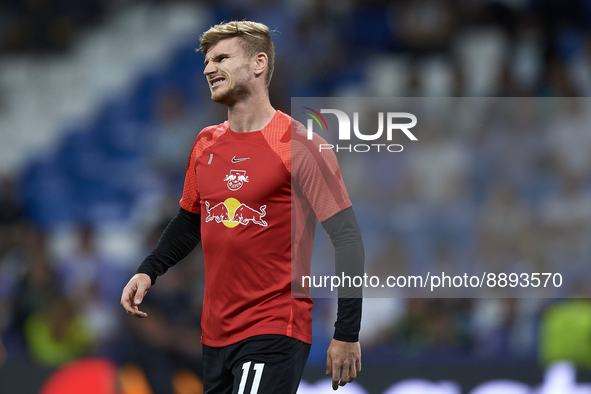 Timo Werner centre-forward Germany during the warm-up before the UEFA Champions League group F match between Real Madrid and RB Leipzig at E...