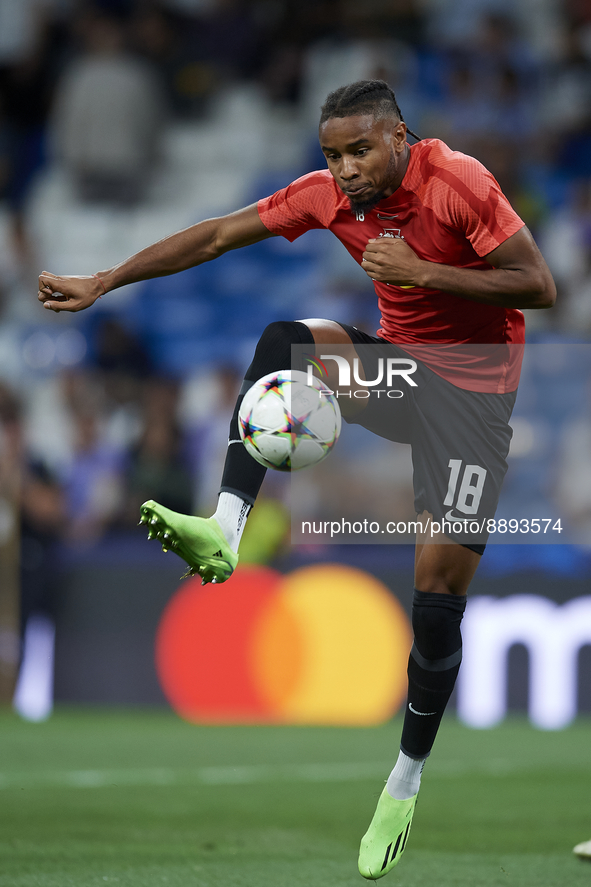 Christopher Nkunku second striker of RB Leipzig and France during the warm-up before the UEFA Champions League group F match between Real Ma...