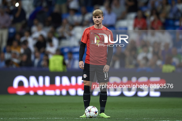 Timo Werner centre-forward Germany during the warm-up before the UEFA Champions League group F match between Real Madrid and RB Leipzig at E...