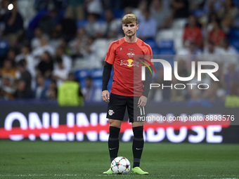 Timo Werner centre-forward Germany during the warm-up before the UEFA Champions League group F match between Real Madrid and RB Leipzig at E...