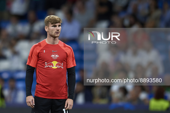 Timo Werner centre-forward Germany during the warm-up before the UEFA Champions League group F match between Real Madrid and RB Leipzig at E...