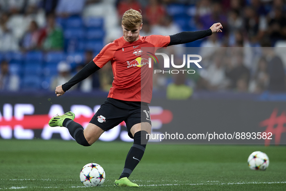 Timo Werner centre-forward Germany during the warm-up before the UEFA Champions League group F match between Real Madrid and RB Leipzig at E...