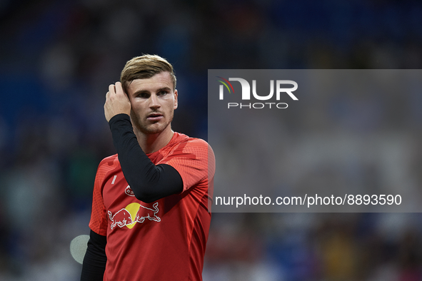 Timo Werner centre-forward Germany during the warm-up before the UEFA Champions League group F match between Real Madrid and RB Leipzig at E...