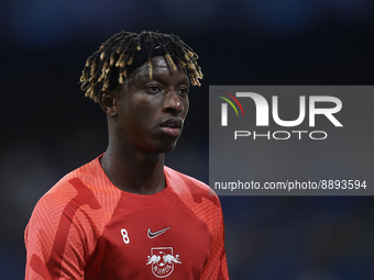 Mohamed Simakan centre-back of RB Leipzig and France during the warm-up before the UEFA Champions League group F match between Real Madrid a...