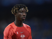 Mohamed Simakan centre-back of RB Leipzig and France during the warm-up before the UEFA Champions League group F match between Real Madrid a...