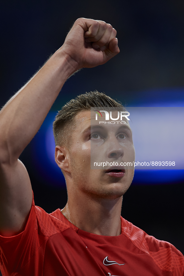 Willi Orban centre-back of RB Leipzig and Hungary during the warm-up before the UEFA Champions League group F match between Real Madrid and...