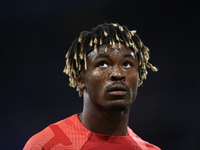 Mohamed Simakan centre-back of RB Leipzig and France during the warm-up before the UEFA Champions League group F match between Real Madrid a...