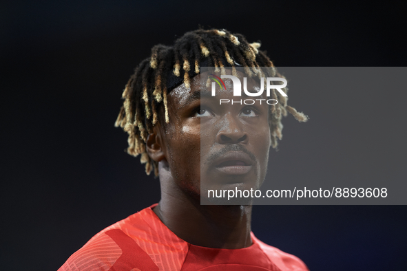 Mohamed Simakan centre-back of RB Leipzig and France during the warm-up before the UEFA Champions League group F match between Real Madrid a...