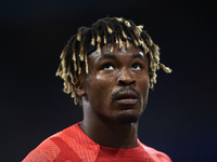 Mohamed Simakan centre-back of RB Leipzig and France during the warm-up before the UEFA Champions League group F match between Real Madrid a...