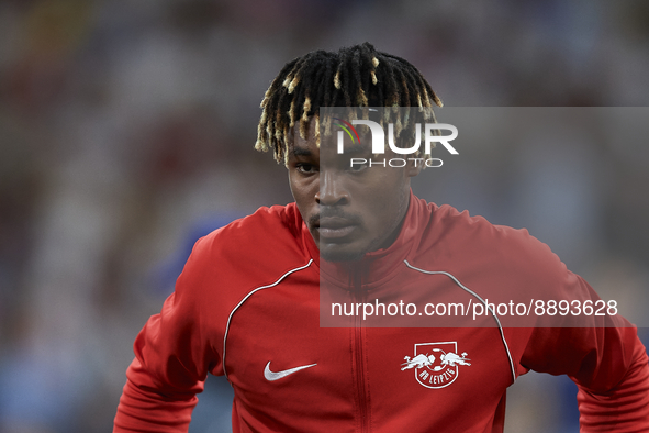 Mohamed Simakan centre-back of RB Leipzig and France  poses prior the UEFA Champions League group F match between Real Madrid and RB Leipzig...