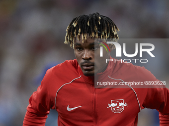 Mohamed Simakan centre-back of RB Leipzig and France  poses prior the UEFA Champions League group F match between Real Madrid and RB Leipzig...