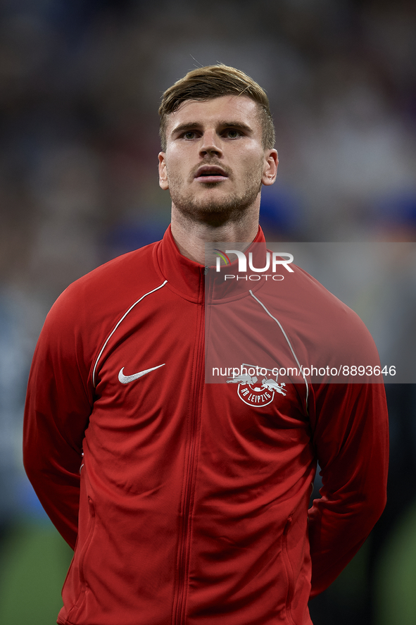 Timo Werner centre-forward Germany poses prior the UEFA Champions League group F match between Real Madrid and RB Leipzig at Estadio Santiag...