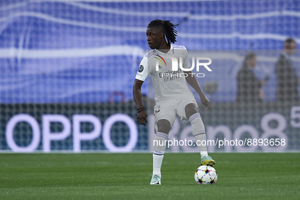 Eduardo Camavinga central midfield of Real Madrid and France controls the ball during the UEFA Champions League group F match between Real M...