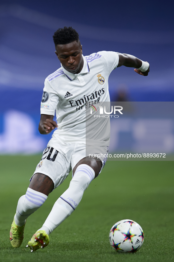 Vinicius Junior left winger of Real Madrid and Brazil during the UEFA Champions League group F match between Real Madrid and RB Leipzig at E...