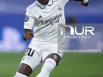 Vinicius Junior left winger of Real Madrid and Brazil during the UEFA Champions League group F match between Real Madrid and RB Leipzig at E...