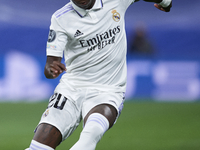 Vinicius Junior left winger of Real Madrid and Brazil during the UEFA Champions League group F match between Real Madrid and RB Leipzig at E...