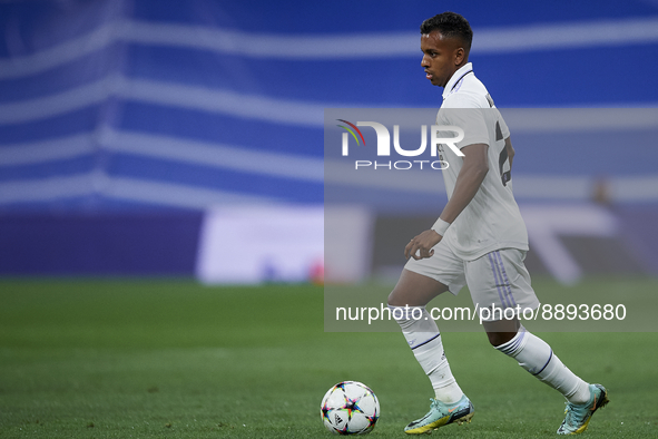 Rodrygo Goes right winger of Real Madrid and Brazil in action during the UEFA Champions League group F match between Real Madrid and RB Leip...