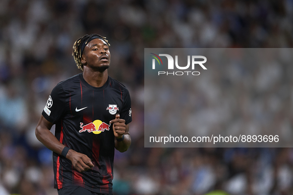 Mohamed Simakan centre-back of RB Leipzig and France during the UEFA Champions League group F match between Real Madrid and RB Leipzig at Es...