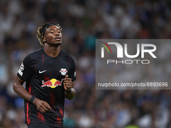 Mohamed Simakan centre-back of RB Leipzig and France during the UEFA Champions League group F match between Real Madrid and RB Leipzig at Es...