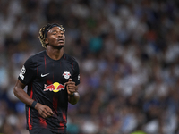 Mohamed Simakan centre-back of RB Leipzig and France during the UEFA Champions League group F match between Real Madrid and RB Leipzig at Es...