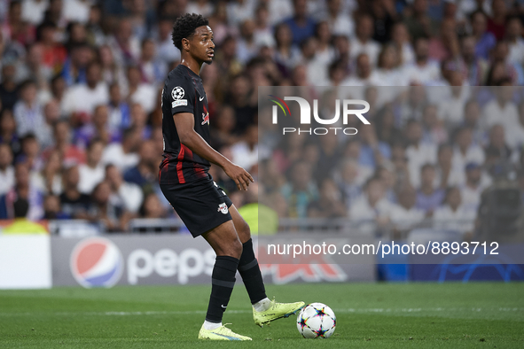 Abdou Diallo centre-back of RB Leipzig and Senegal controls the ball during the UEFA Champions League group F match between Real Madrid and...