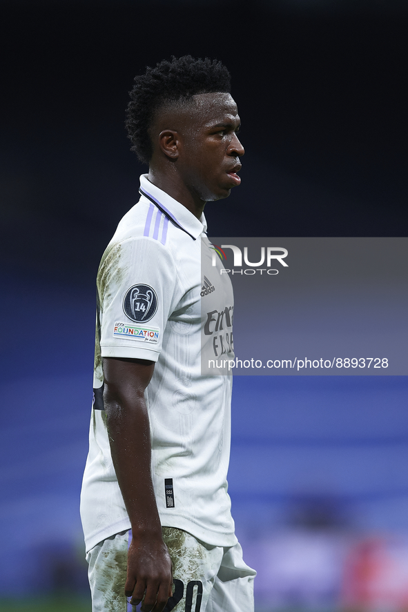 Vinicius Junior left winger of Real Madrid and Brazil during the UEFA Champions League group F match between Real Madrid and RB Leipzig at E...